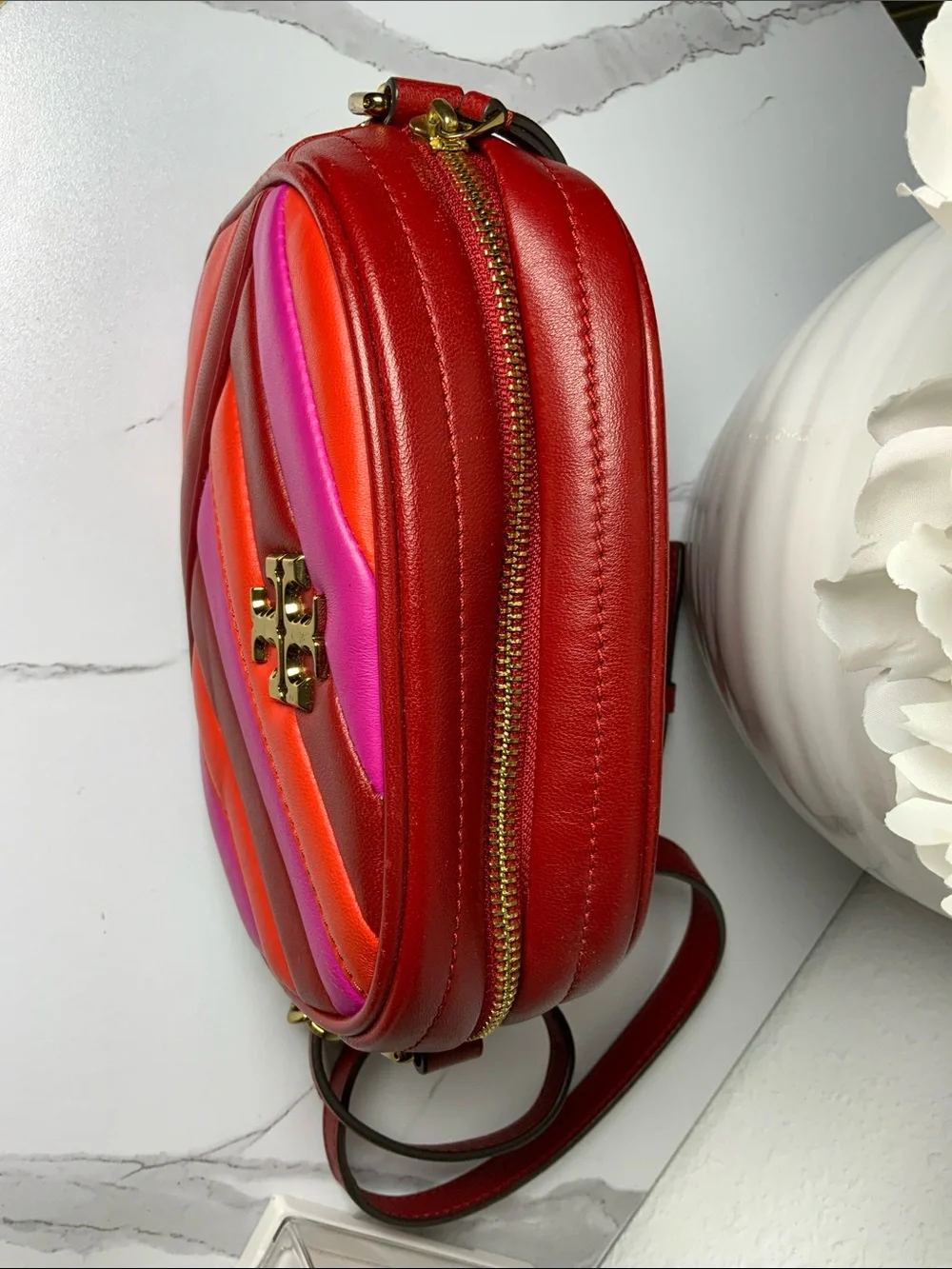 Tory Burch Red, Pink & Orange Quilted Leather Crossbody Camera Bag